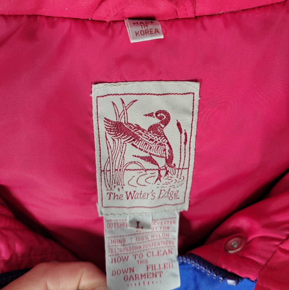 Vintage The Waters Edge Blue Pink Duck Down Parka Puffer Coat Jacket Women Sz L - Picture 3 of 5